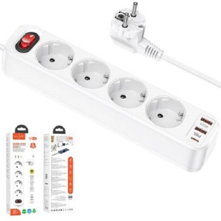 MULTIPRISE HOCO NS1 1.8M 4 PRISES + USB TYPE C PD + 2xUSB QC3.0 4000W BLANCHE